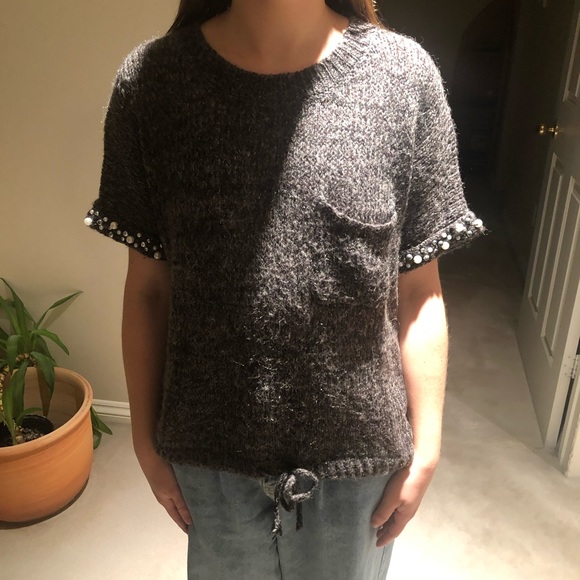 Dark Grey Short Sleeve Sweater with Pearl Details - Picture 5 of 5